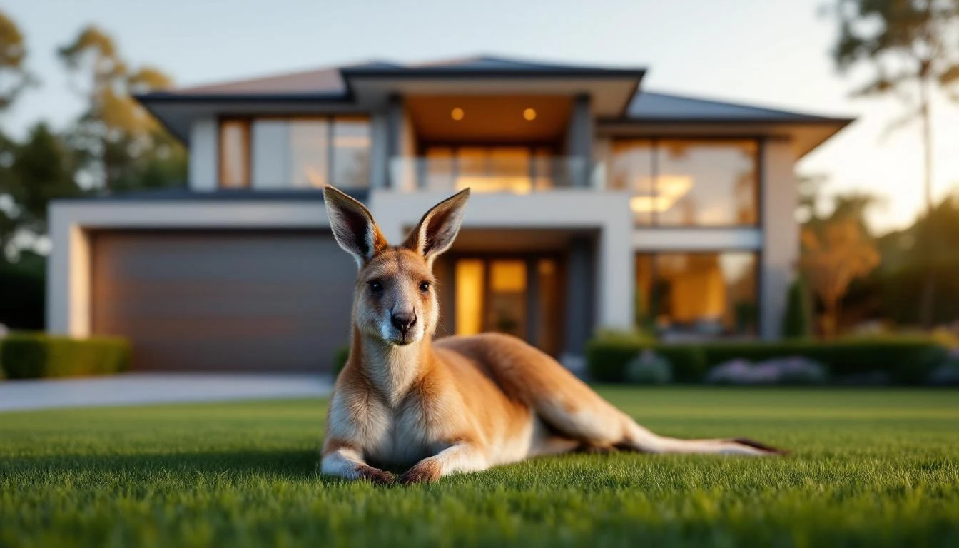 Kangaroo relaxing on a lawn in front of a modern Australian home